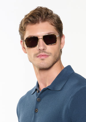 EMERY | Silver + Tortuga Handcrafted, luxury dark brown tortoise acetate and stainless steel aviator KREWE sunglasses mens model | Model: Linus