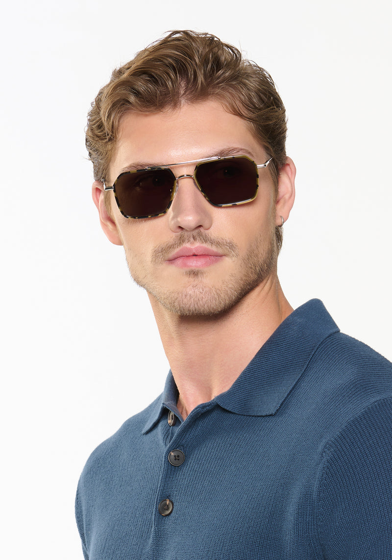 EMERY | Silver + Tortuga Handcrafted, luxury dark brown tortoise acetate and stainless steel aviator KREWE sunglasses mens model | Model: Linus