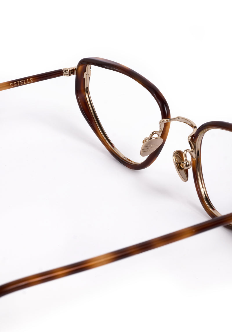 ESTELLE | 12K Titanium + Maple Handcrafted, luxury brown tortoise acetate and metal cat-eye KREWE eyeglasses 
