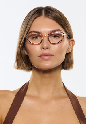 ESTELLE | 12K Titanium + Stardust Handcrafted, luxury multicolored tortoise acetate and metal cat-eye KREWE eyeglasses womens model | Model: Michelle
