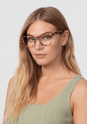 FLORENCE | Capri Handcrafted, luxury multicolored acetate oversized rectangular cat-eye KREWE eyeglasses womens model | Model: Maritza