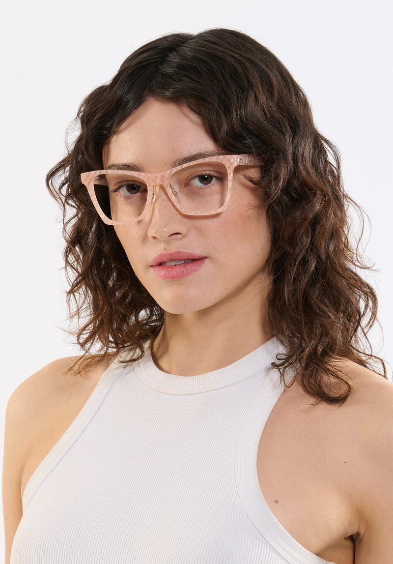 FLORENCE | Micro Plaid Handcrafted, luxury light pink checkered acetate oversized rectangular cat-eye KREWE eyeglasses womens model | Model: Ione