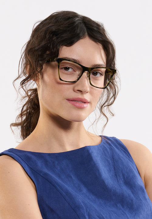 FLORENCE | Tortuga Handcrafted, luxury dark brown tortoise acetate oversized rectangular cat-eye KREWE eyeglasses womens model | Model: Ione