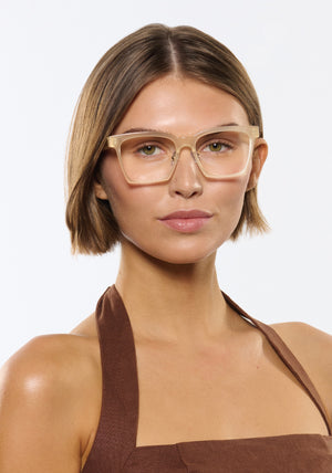 KREWE - FOSTER | Blonde Handcrafted, luxury blonde acetate eyeglasses womens model | Model: Michelle