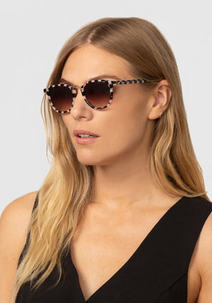 FRANKLIN | Harlequin 12K Handcrafted, luxury pink and black checkered acetate KREWE sunglasses womens model | Model: Maritza