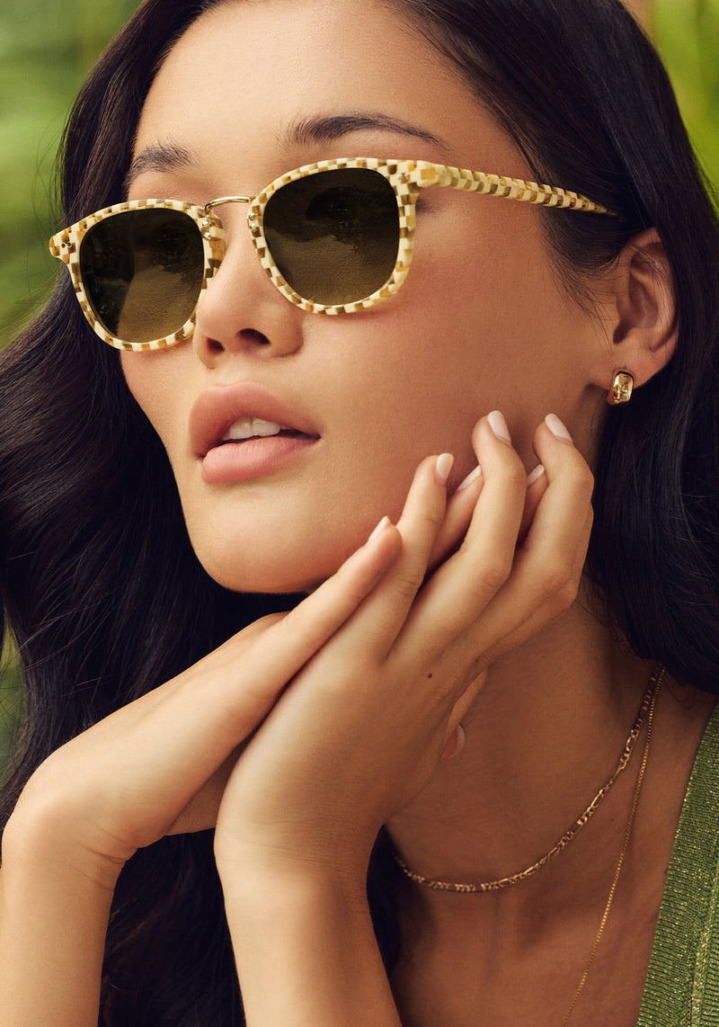 FRANKLIN | Yuzu 12K Handcrafted, luxury yellow checkered acetate KREWE sunglasses womens model campaign | Model: Dunya
