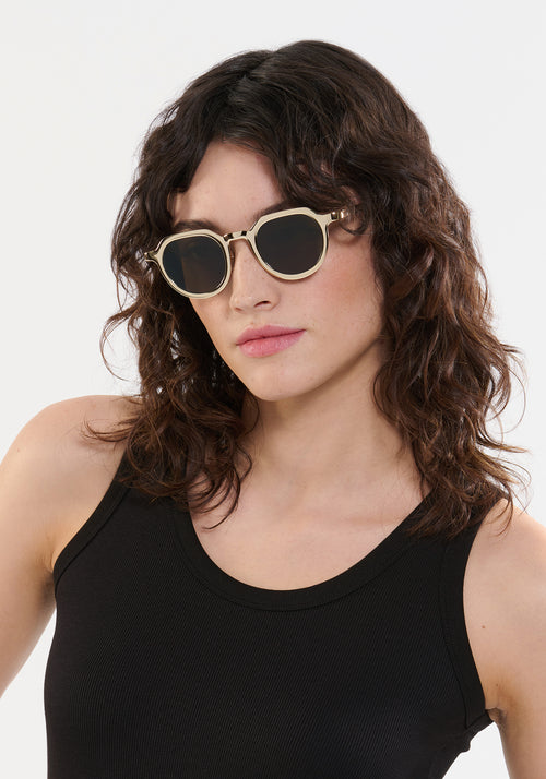 GALVAN| Handcrafted, luxury matte and gold chrome acetate medium sized geometric KREWE sunglasses womens model | Model: Ione