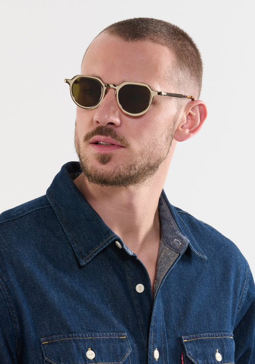 GALVAN| Handcrafted, luxury matte and gold chrome acetate medium sized geometric KREWE sunglasses mens model | Model: Connor