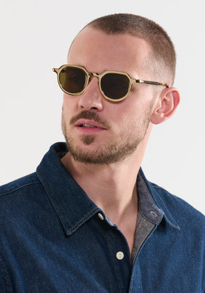 GALVAN| Handcrafted, luxury matte and gold chrome acetate medium sized geometric KREWE sunglasses mens model | Model: Connor