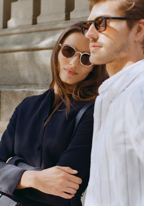 GALVAN| Handcrafted, luxury matte and gold chrome acetate medium sized geometric KREWE sunglasses womens model | Model: Sam