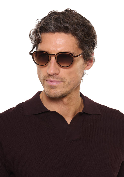 GALVAN | Bronze Chroma + Venezia Handcrafted, luxury bronze chrome stainless steel medium sized geometric KREWE sunglasses mens model | Model: Ryan