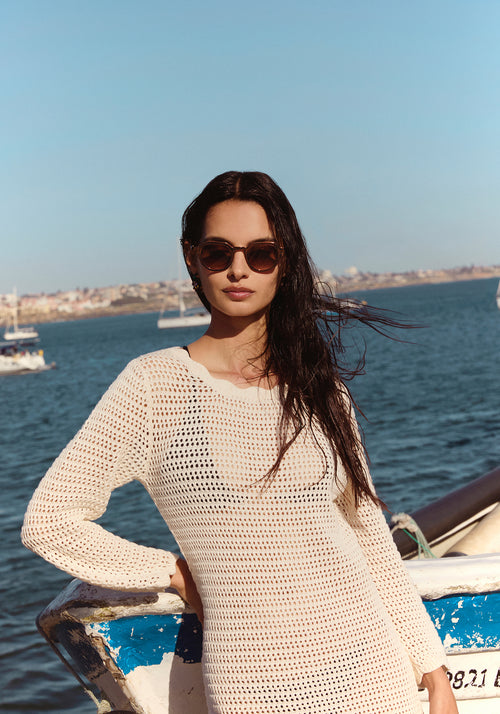 GALVAN | Bronze Chroma + Venezia Handcrafted, luxury bronze chrome stainless steel medium sized geometric KREWE sunglasses womens model | Model: Patricia