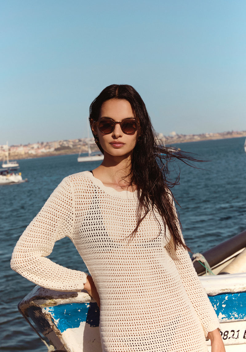 GALVAN | Bronze Chroma + Venezia Handcrafted, luxury bronze chrome stainless steel medium sized geometric KREWE sunglasses womens model | Model: Patricia