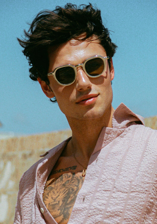 GALVAN| Handcrafted, luxury matte and gold chrome acetate medium sized geometric KREWE sunglasses mens model | Model: Hayden