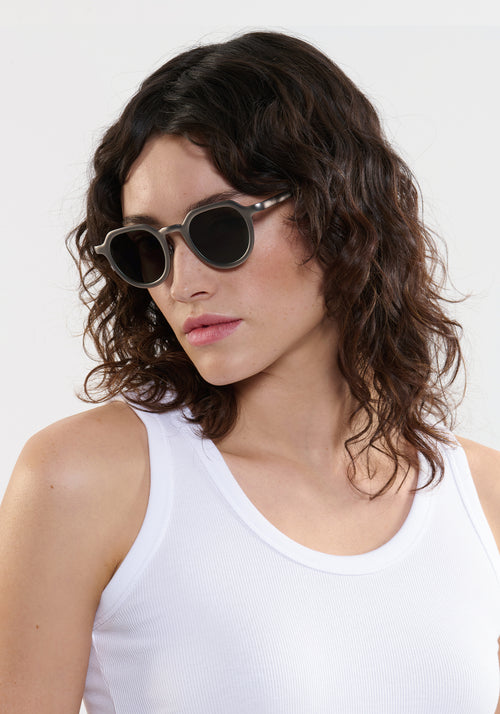 GALVAN| Handcrafted, luxury matte and chrome acetate medium sized geometric KREWE sunglasses womens model | Model: Ione