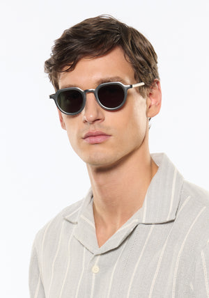 GALVAN| Handcrafted, luxury matte and chrome acetate medium sized geometric KREWE sunglasses mens model | Model: Jegor