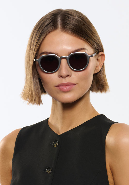 GALVAN| Handcrafted, luxury matte and chrome acetate medium sized geometric KREWE sunglasses womens model | Model: Michelle