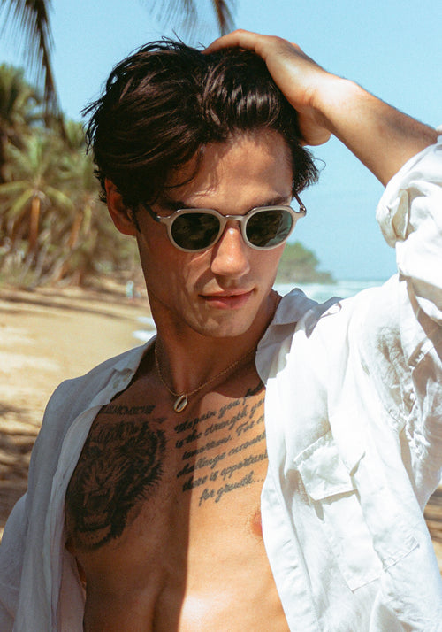 GALVAN| Handcrafted, luxury matte and chrome acetate medium sized geometric KREWE sunglasses mens model campaign | Model: Hayden