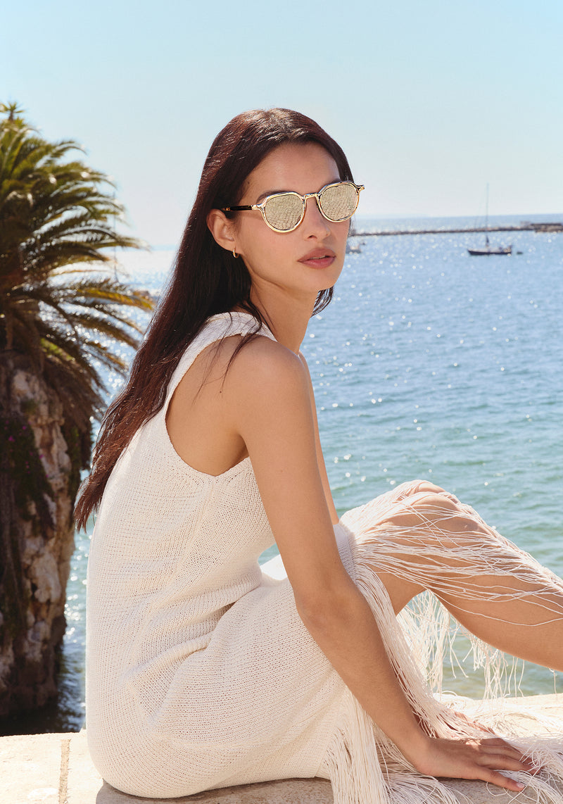 GALVAN | Palladium Chroma + Matte Oyster Mirrored Handcrafted, luxury glossy chrome 18K Rose Gold stainless steel small geometric KREWE sunglasses women's model | Model: Patricia