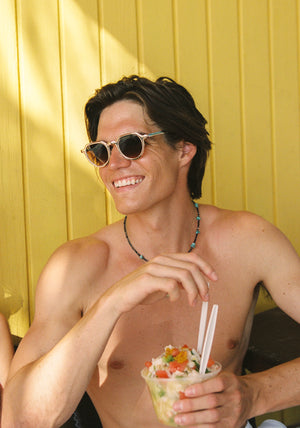 GALVAN | Silver Chroma + Crystal Handcrafted, luxury matte and silver chrome acetate medium sized geometric KREWE sunglasses mens model | Model: Drew