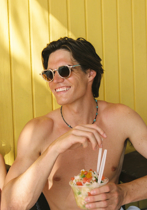 GALVAN | Silver Chroma + Crystal Handcrafted, luxury matte and silver chrome acetate medium sized geometric KREWE sunglasses mens model | Model: Drew