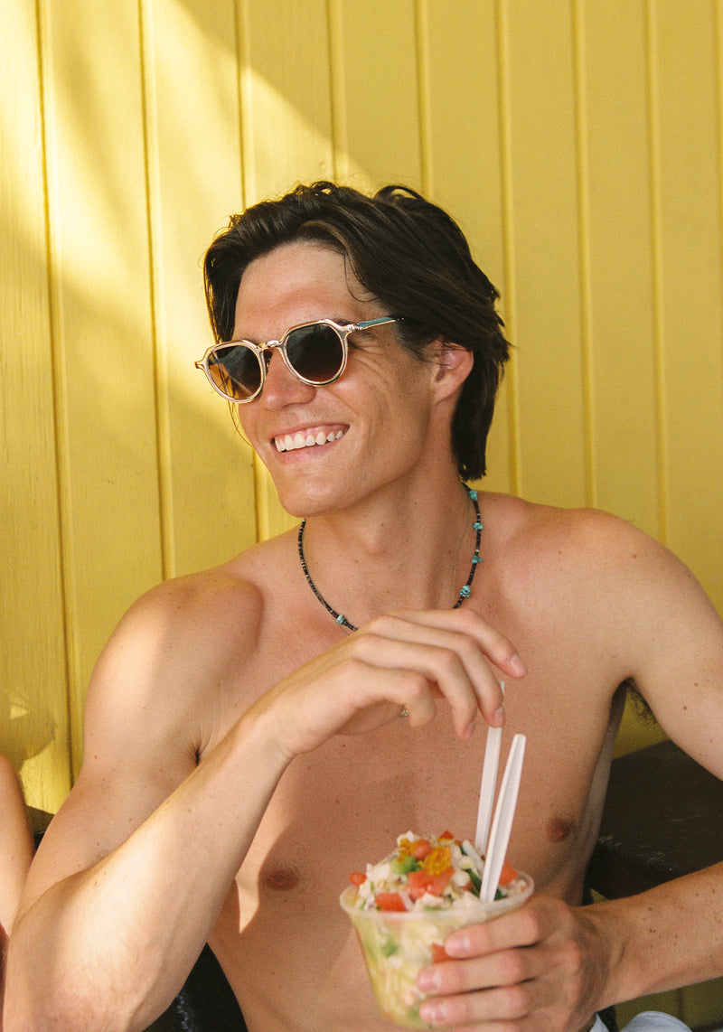 GALVAN | Silver Chroma + Crystal Handcrafted, luxury matte and silver chrome acetate medium sized geometric KREWE sunglasses mens model | Model: Drew