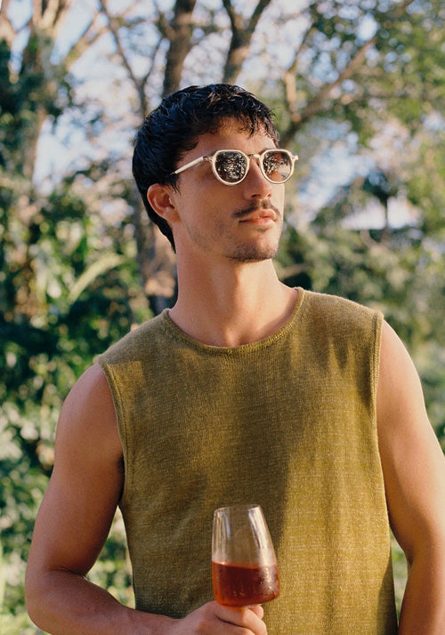 GALVAN | Silver Chroma + Crystal Handcrafted, luxury matte and silver chrome acetate medium sized geometric KREWE sunglasses mens model | Model: Jacob