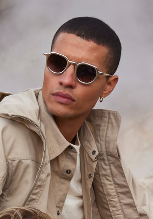 GALVAN| Handcrafted, luxury matte and silver chrome acetate medium sized geometric KREWE sunglasses mens model | Model: Vincent
