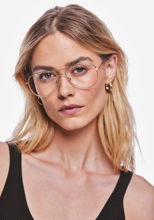 HARPER | 12K + Verde Handcrafted, luxury stainless steel aviator KREWE eyeglasses with green acetate temple tips womens model | Model: Meghan