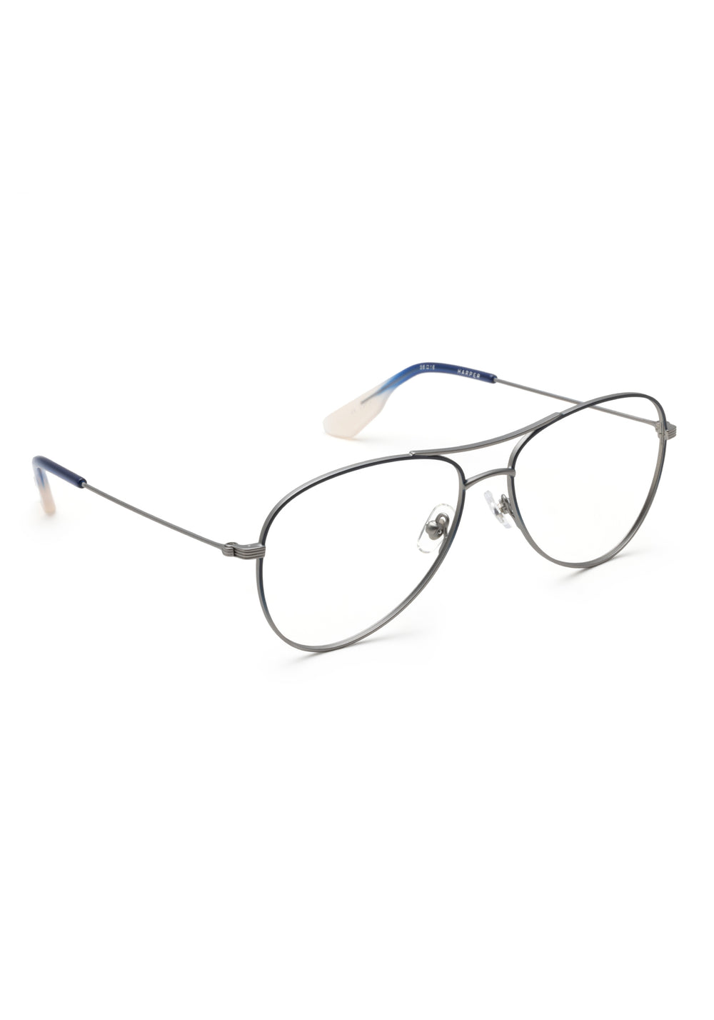 HARPER | Matte Raw Stainless Steel Indigo Fade + Gravity Handcrafted, luxury matte stainless steel aviator KREWE eyeglasses with blue gradient acetate temple tips