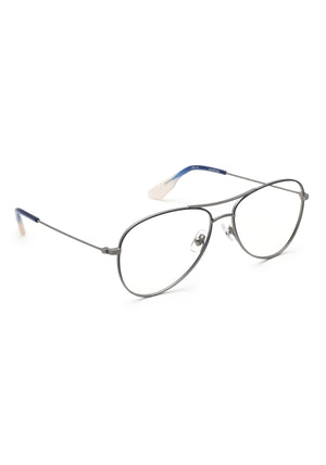 HARPER | Matte Raw Stainless Steel Indigo Fade + Gravity Handcrafted, luxury matte stainless steel aviator KREWE eyeglasses with blue gradient acetate temple tips