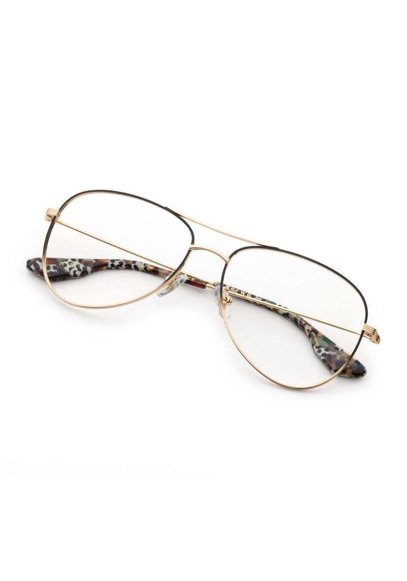 HARPER | 18K Matte Black Fade + Poppy Noir Handcrafted, luxury stainless steel aviator KREWE eyeglasses with multicolored acetate temple tips 
