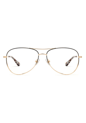 HARPER | 18K Matte Black Fade + Poppy Noir Handcrafted, luxury stainless steel aviator KREWE eyeglasses with multicolored acetate temple tips 