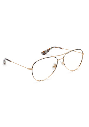 HARPER | 18K Matte Black Fade + Poppy Noir Handcrafted, luxury stainless steel aviator KREWE eyeglasses with multicolored acetate temple tips