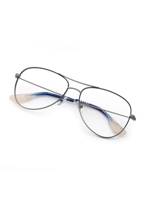 HARPER | Matte Raw Stainless Steel Indigo Fade + Gravity Handcrafted, luxury matte stainless steel aviator KREWE eyeglasses with blue gradient acetate temple tips 