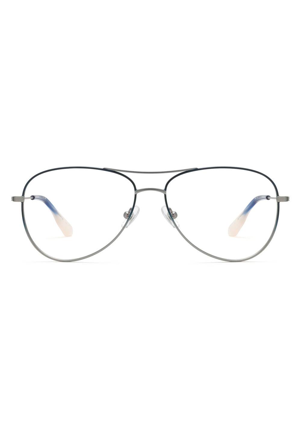 HARPER | Matte Raw Stainless Steel Indigo Fade + Gravity Handcrafted, luxury matte stainless steel aviator KREWE eyeglasses with blue gradient acetate temple tips 
