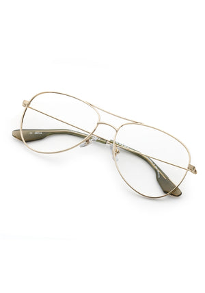 HARPER | 12K + Verde Handcrafted, luxury stainless steel aviator KREWE eyeglasses with green acetate temple tips 