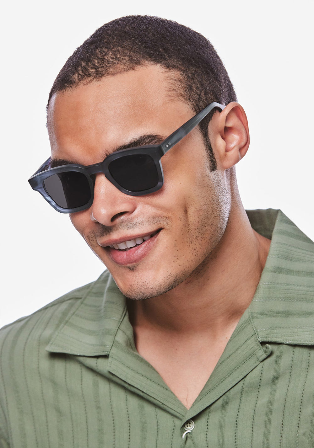HARRISON | Matte Denim Handcrafted, matte dark blue navy acetate square KREWE sunglasses mens model | Model: Jeffrey