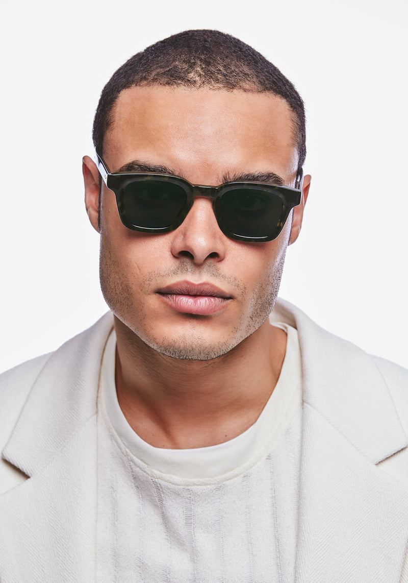 HARRISON | Tortuga Noir Handcrafted, dark brown and black acetate square KREWE sunglasses mens model | Model: Jeffrey