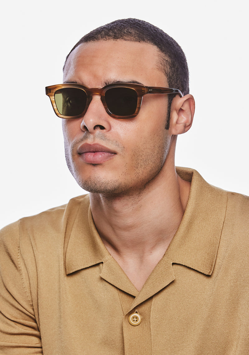 HARRISON | Umber Polarized Handcrafted, tan acetate square KREWE sunglasses mens model | Model: Jeffrey