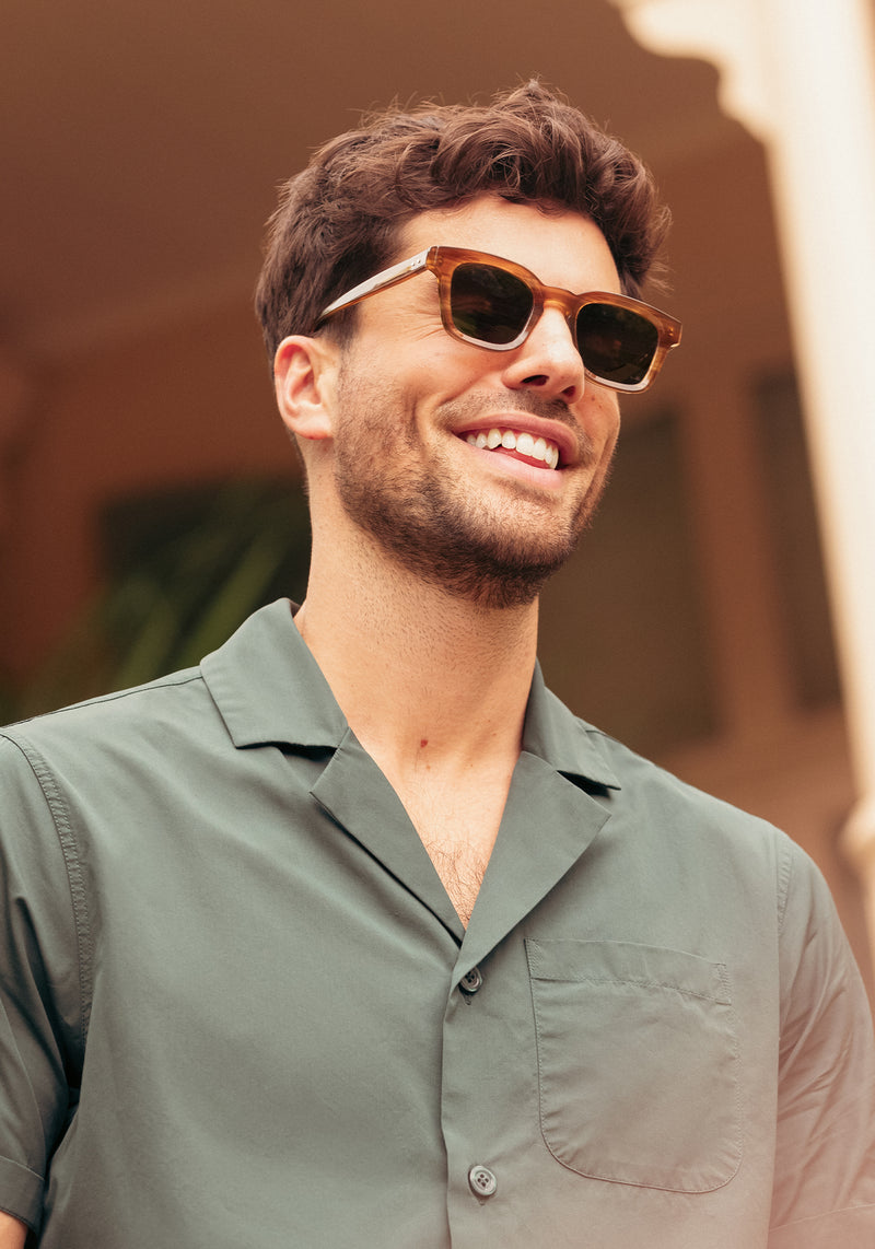 HARRISON | Umber Polarized Handcrafted, tan acetate square KREWE sunglasses mens model campaign | Model: Douglas