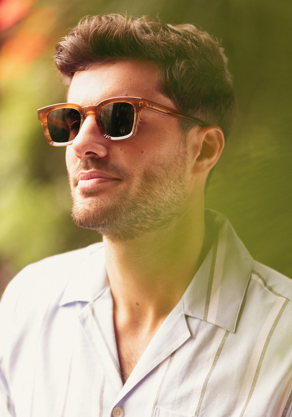 HARRISON | Umber Polarized Handcrafted, tan acetate square KREWE sunglasses mens model campaign
