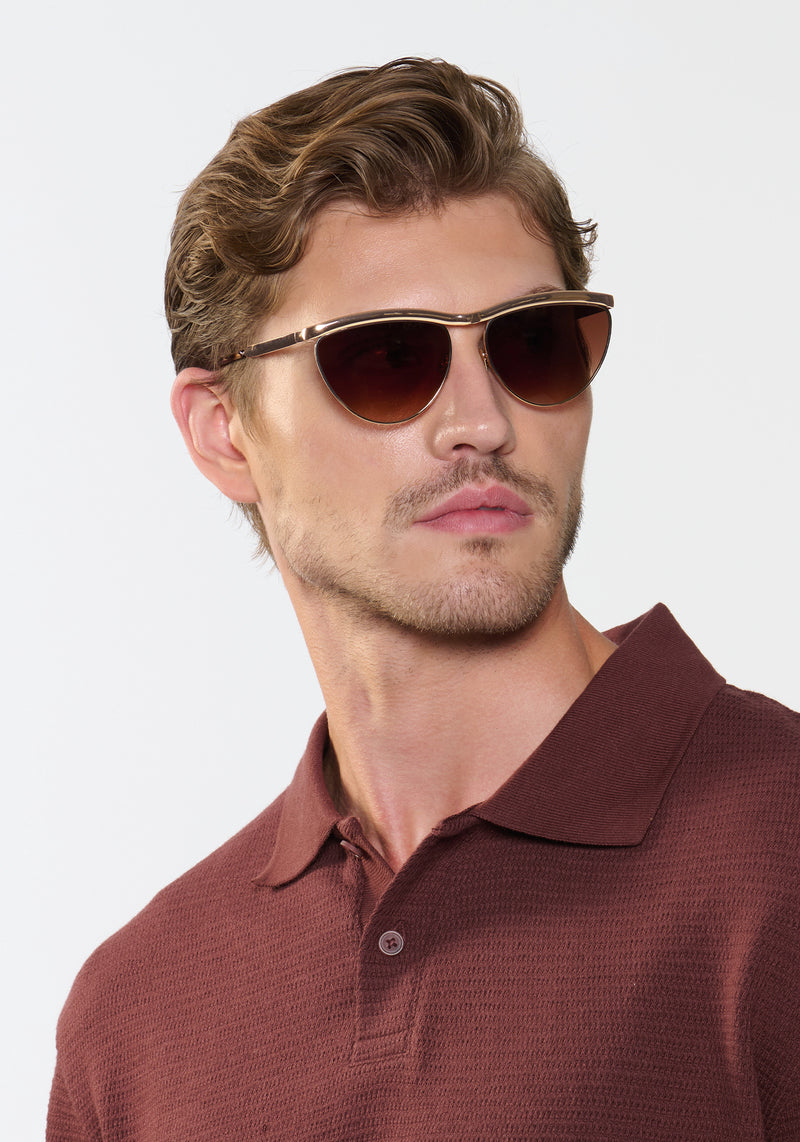 HEIDI | 12K Matte Black Fade Chroma + Blonde Venezia Handcrafted, luxury matte black fade chroma stainless steel large cat eye KREWE sunglasses mens model | Model: Linus