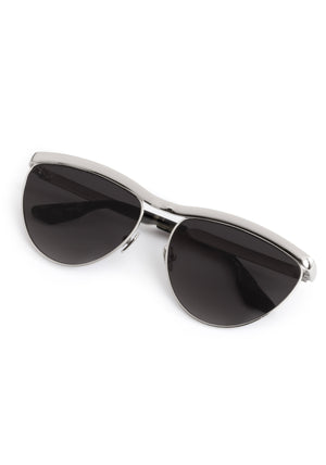 HEIDI | Silver Chroma + Tortuga Noir Handcrafted, luxury silver chroma stainless steel large cat eye KREWE sunglasses