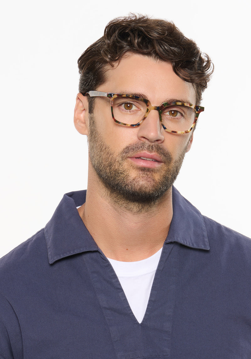 HOWARD | Tuscan Tort Handcrafted, luxury multicolored tortoise acetate rectangular KREWE eyeglasses mens model | Model: Ryan A.