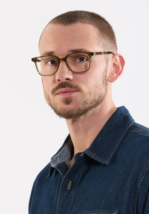 HUDSON | Olive + Iberia handcrafted, luxury green acetate krewe glasses mens model | Model: Connor