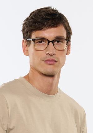 KREWE - HUDSON | Walnut Handcrafted, luxury brown acetate glasses mens model | Model: Jegor