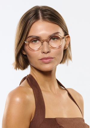 HURST II | Buff Handcrafted neutral crystal clear transparent round circular acetate KREWE eyeglasses women's model | Model: Michelle