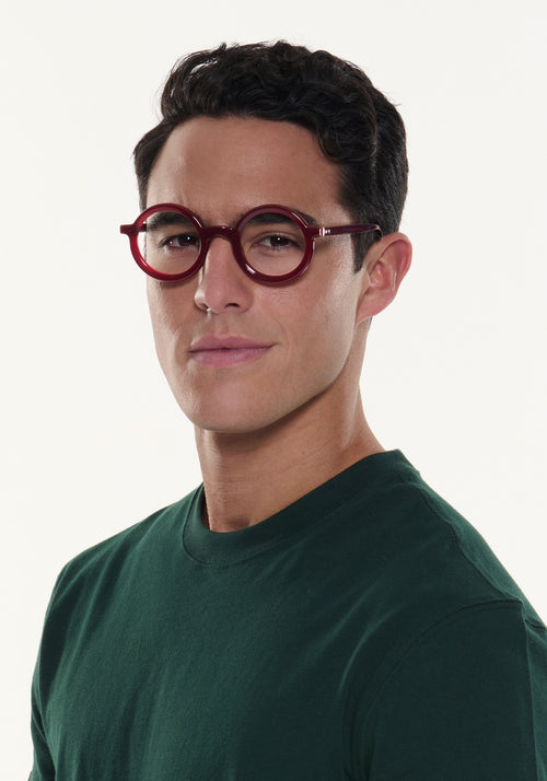 HURST II | Brandy Handcrafted burgundy round circular acetate KREWE eyeglasses mens model | Model: Conrado