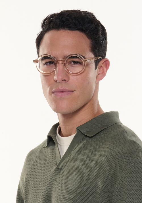 HURST II | Buff Handcrafted neutral crystal clear transparent round circular acetate KREWE eyeglasses mens model | Model: Conrado